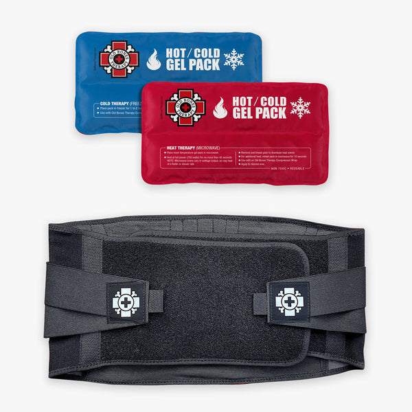 Black back brace laid flat with crossing straps, below a blue and a red gel pack labeled "Hot / Cold Gel Pack"