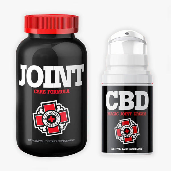 Black supplement bottle labeled "Joint Care Formula" beside a pump bottle labeled "CBD Magic Joint Cream"