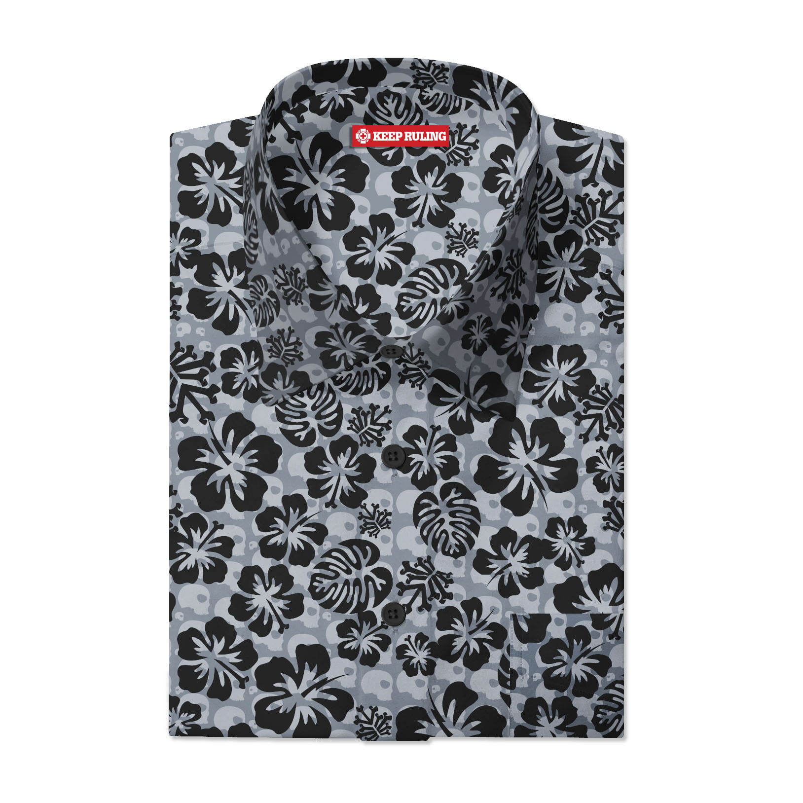 Old Bones Therapy Keep Ruling Hawaiian Button Up Shirt (Gray) | Apparel Old Bones Therapy Keep Ruling Hawaiian Button Up Shirt (Gray) | Apparel