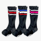 catalog-hero | Old Bones Therapy Stripe Compression Socks 3-Pack – Red pink and blue stripe medical-grade graduated compression socks bundle
