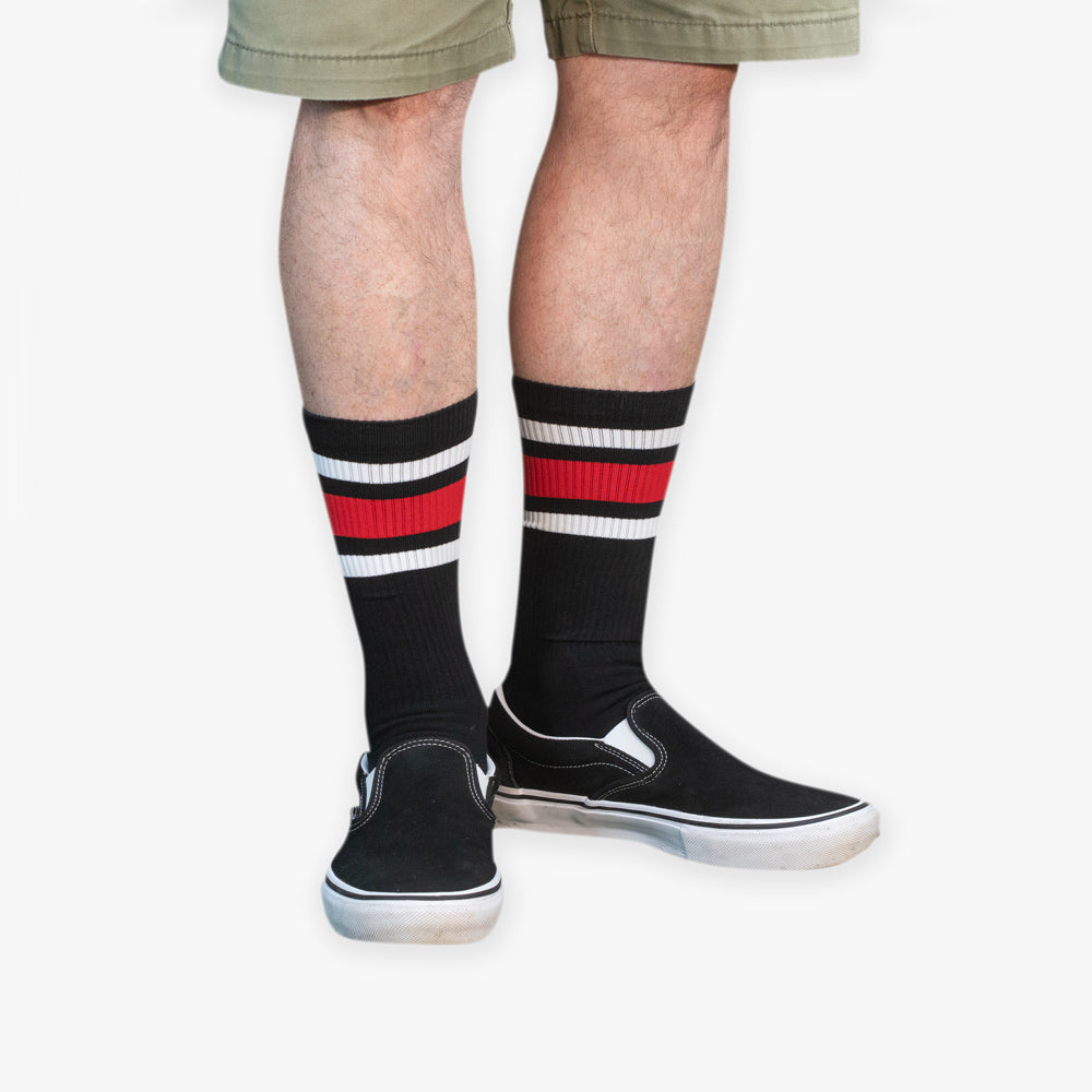 catalog-hero | Old Bones Therapy Red Stripe Crew Socks – Casual crew-length socks with bold red stripe design
