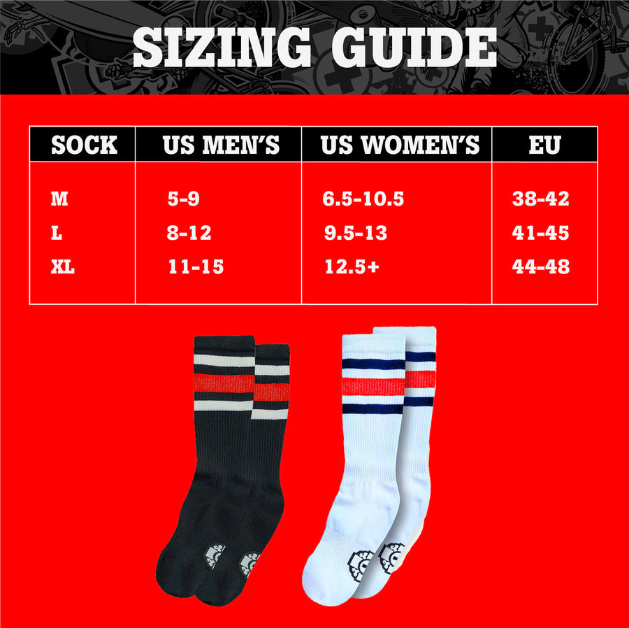 Crew Socks: RED Stripes sizing guide