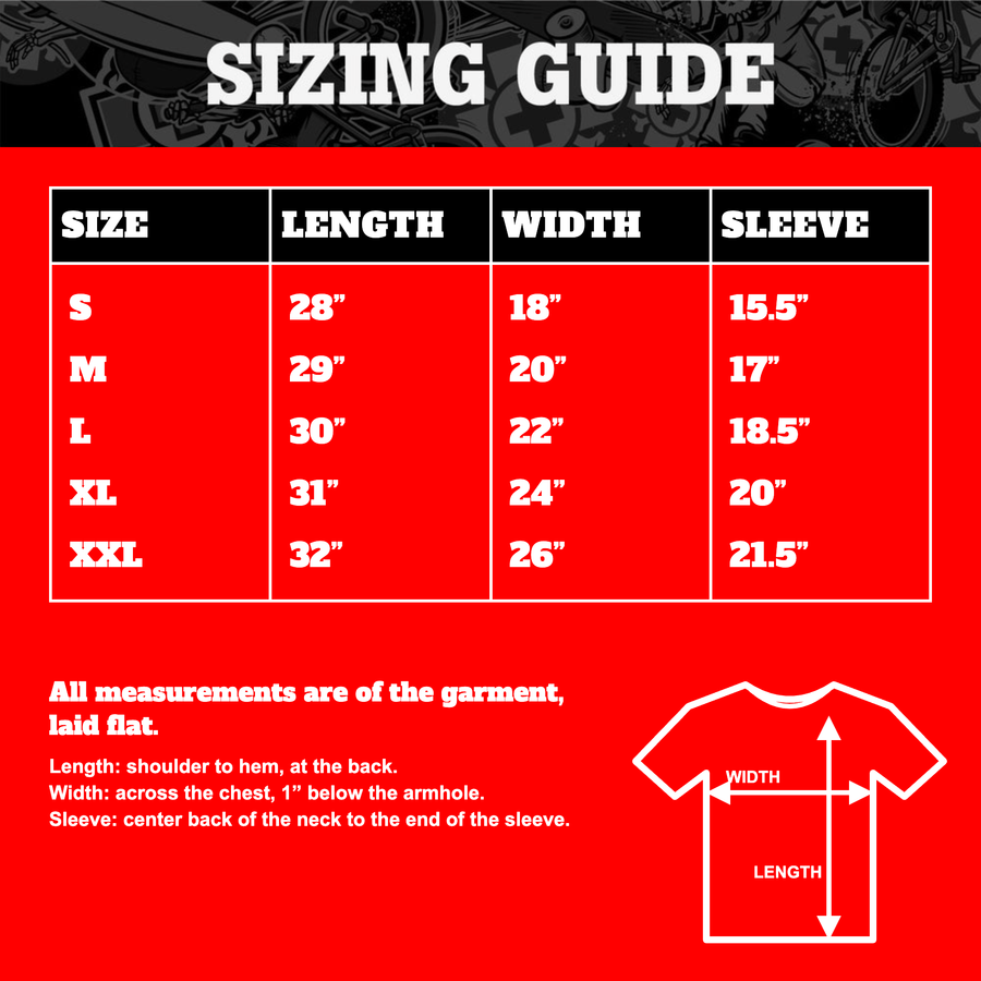 Old Bones Team Bolt T-Shirt sizing guide
