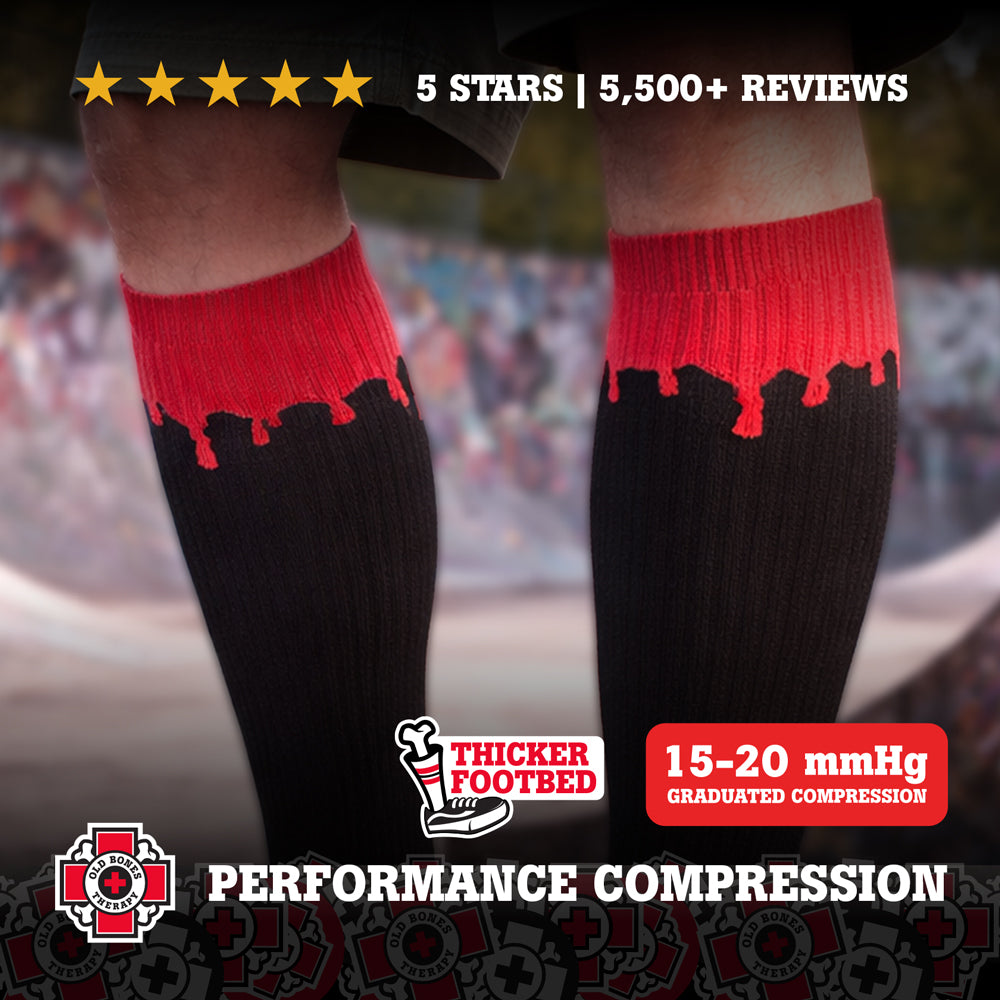 Old Bones Therapy Blood Drip Compression Socks – Bold drip design medical-grade 15-20 mmHg graduated compression socks for skateboarding and recovery