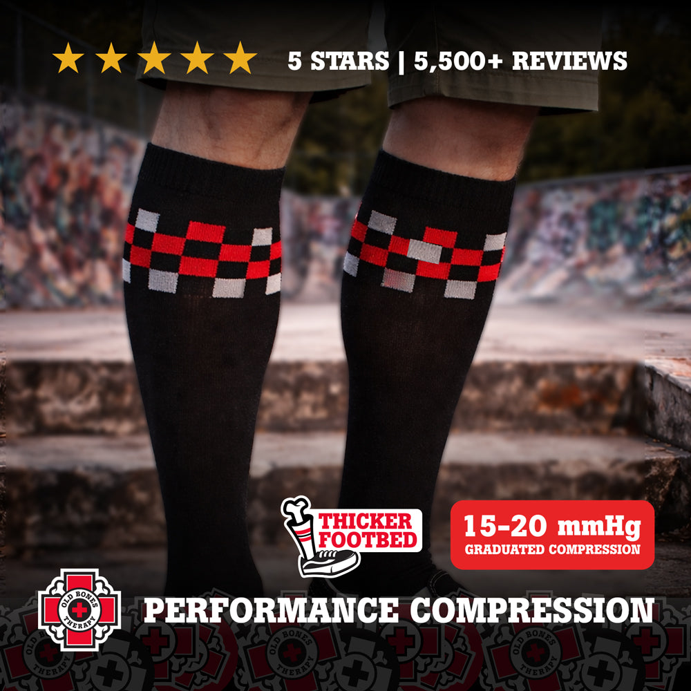 Old Bones Therapy Checkers Compression Socks – Black red and white checkered medical-grade 15-20 mmHg graduated compression socks