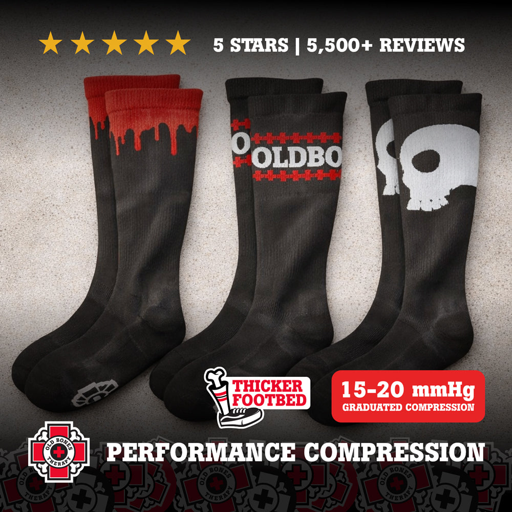 Old Bones Therapy Compression Socks 3-Pack – Drip, Letters, and Skull designs medical-grade 15-20 mmHg graduated compression socks bundle