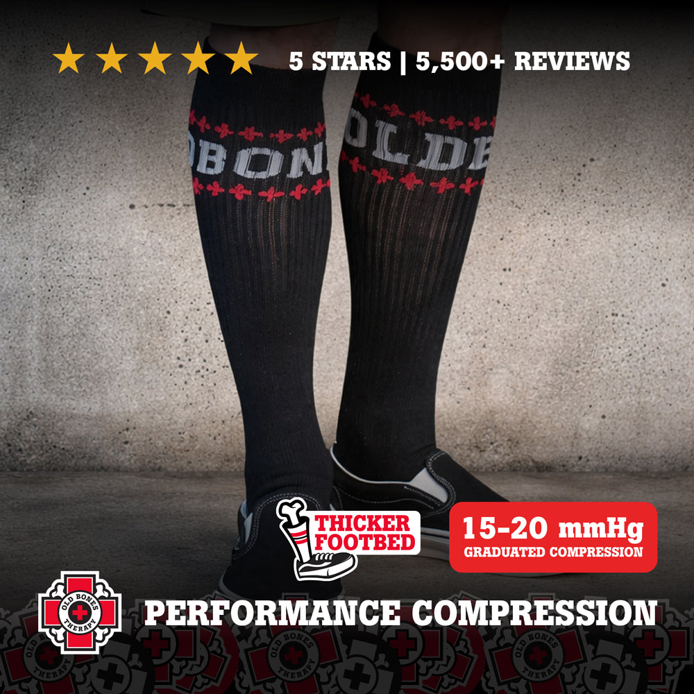 Old Bones Therapy Letters Compression Socks – Bold Old Bones lettered design medical-grade 15-20 mmHg graduated compression socks