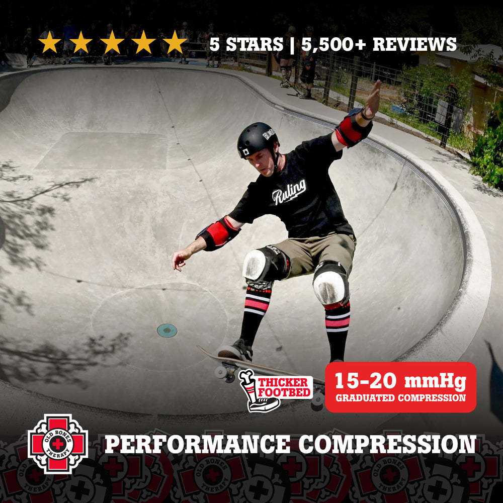 Old Bones Therapy Red Stripe Compression Socks – Red black and white striped medical-grade 15-20 mmHg graduated compression socks