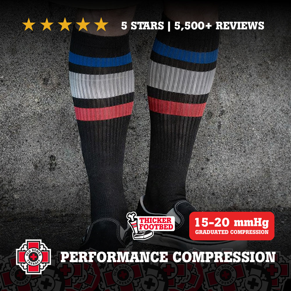 Old Bones Therapy USA Compression Socks – Patriotic red white and blue striped medical-grade 15-20 mmHg graduated compression socks
