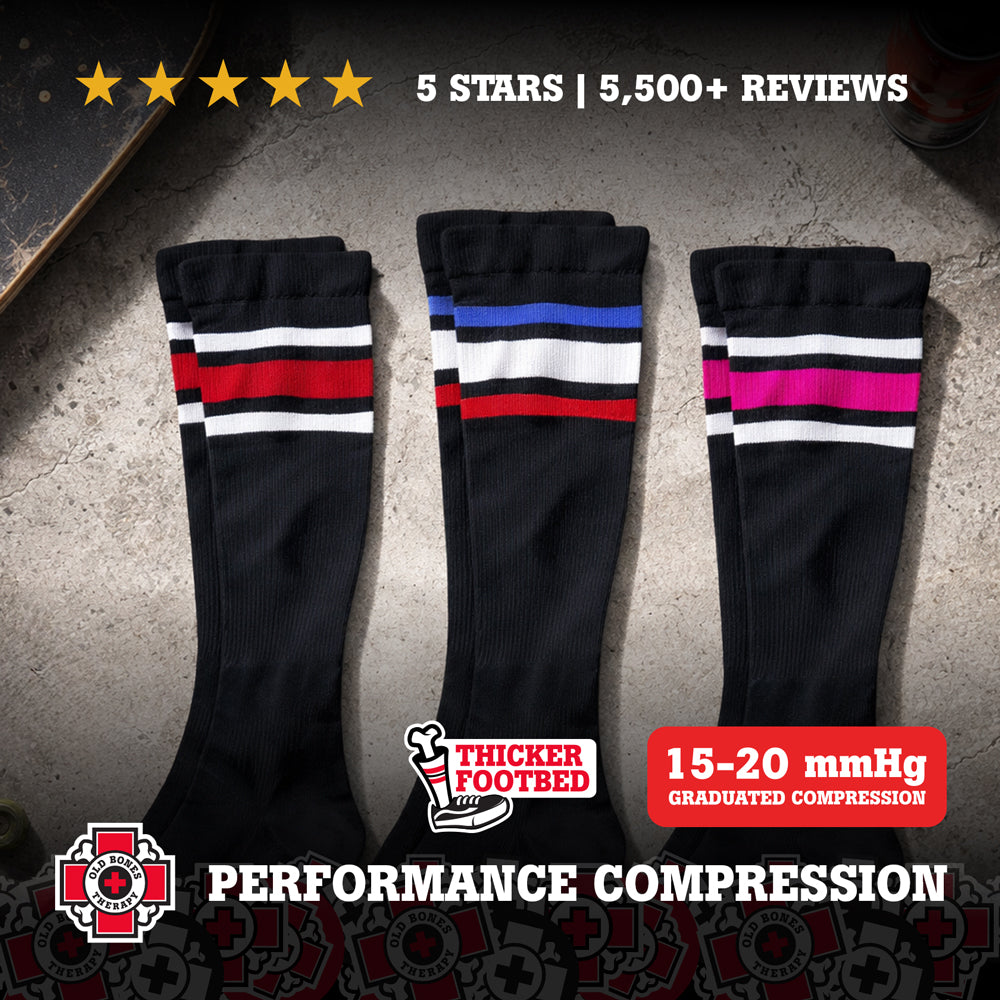 Old Bones Therapy Stripe Compression Socks 3-Pack – Red, pink, and blue stripe medical-grade 15-20 mmHg graduated compression socks bundle