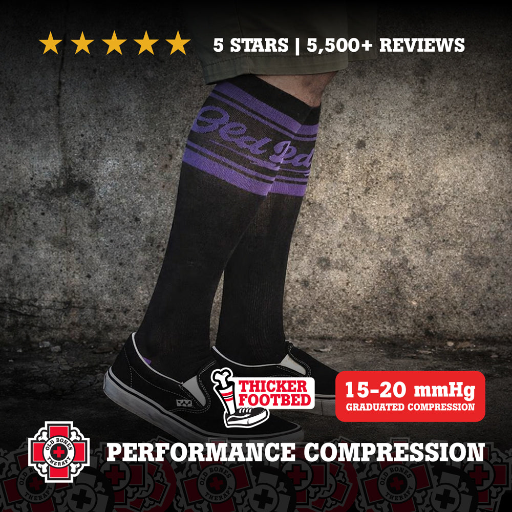 Old Bones Therapy Team Bolt Compression Socks – Purple medical-grade 15-20 mmHg graduated compression socks for circulation and recovery
