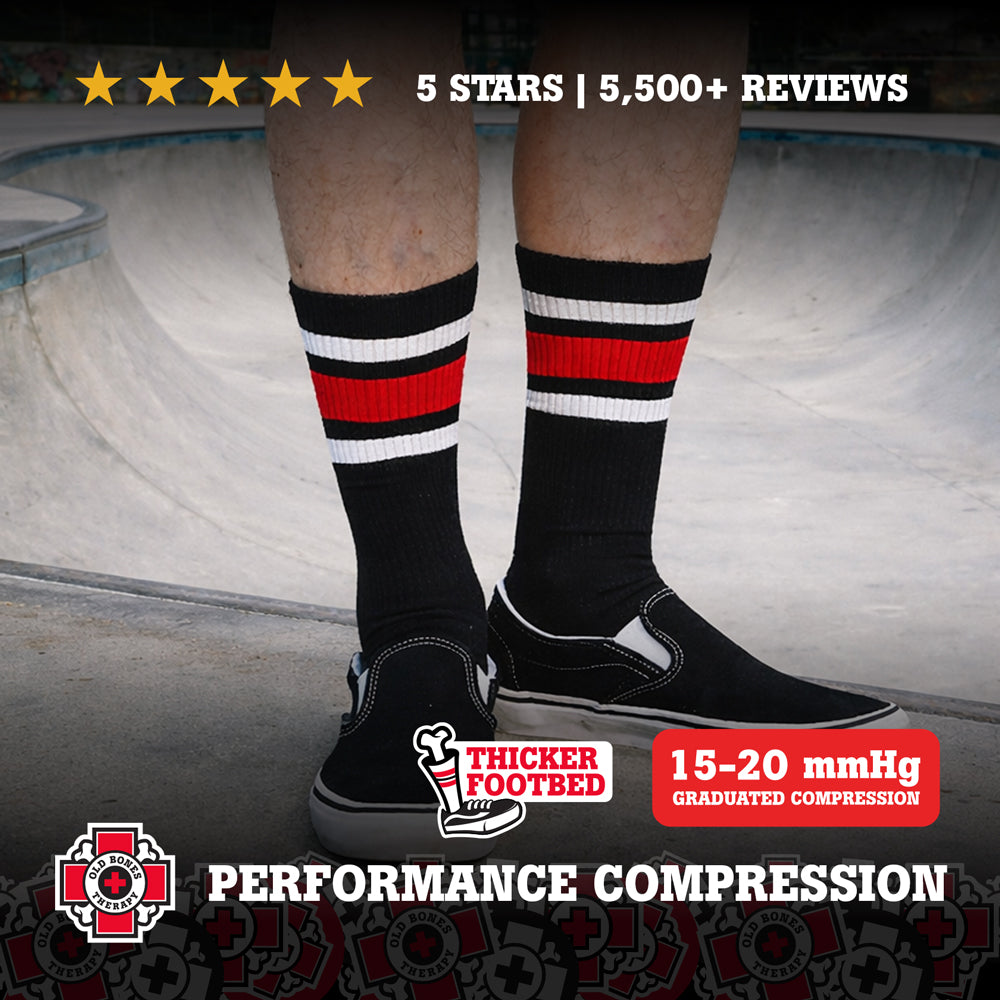 Old Bones Therapy Red Stripe Crew Socks – Casual crew-length compression socks with bold red stripe design for everyday comfort