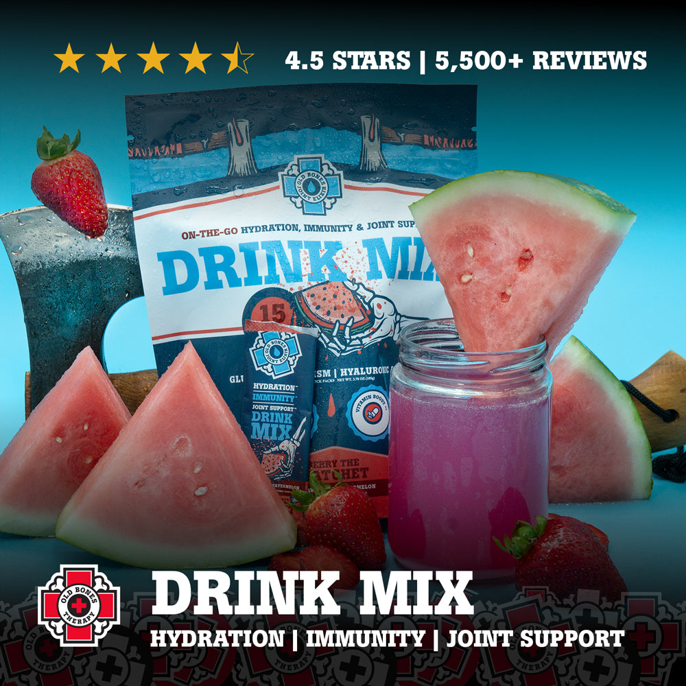 Old Bones Therapy Joint Elixir Berry the Hatchet – Berry flavored joint support drink mix with electrolytes, Glucosamine, MSM & Hyaluronic Acid